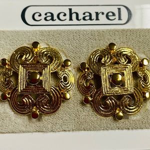 Vintage Cacharel Gold Tone Clip On  Paris Earrings Signed